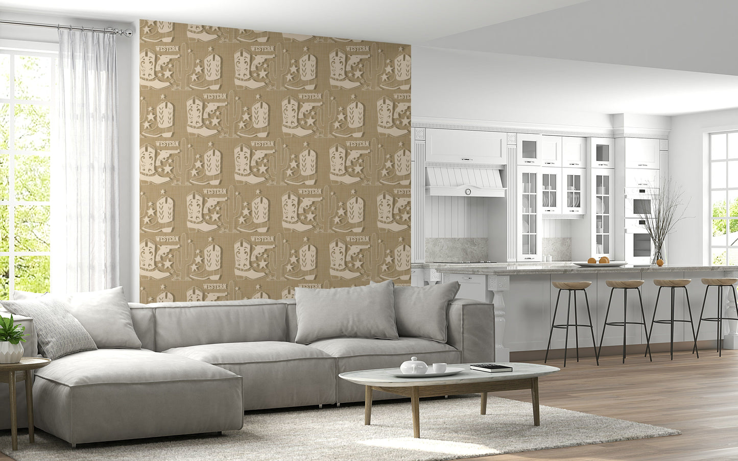 Rustic wallpaper showcasing classic Western symbols arranged in a textured repeating pattern.