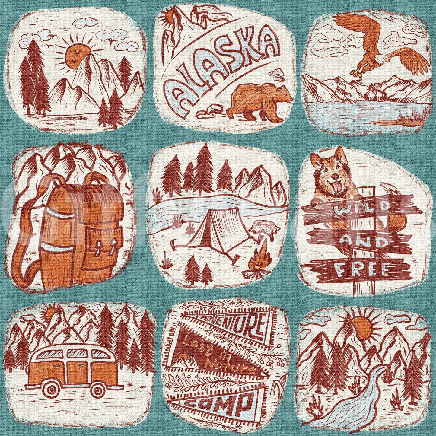 Hand-drawn wilderness wallpaper combining mountain views, animals, and forest details.