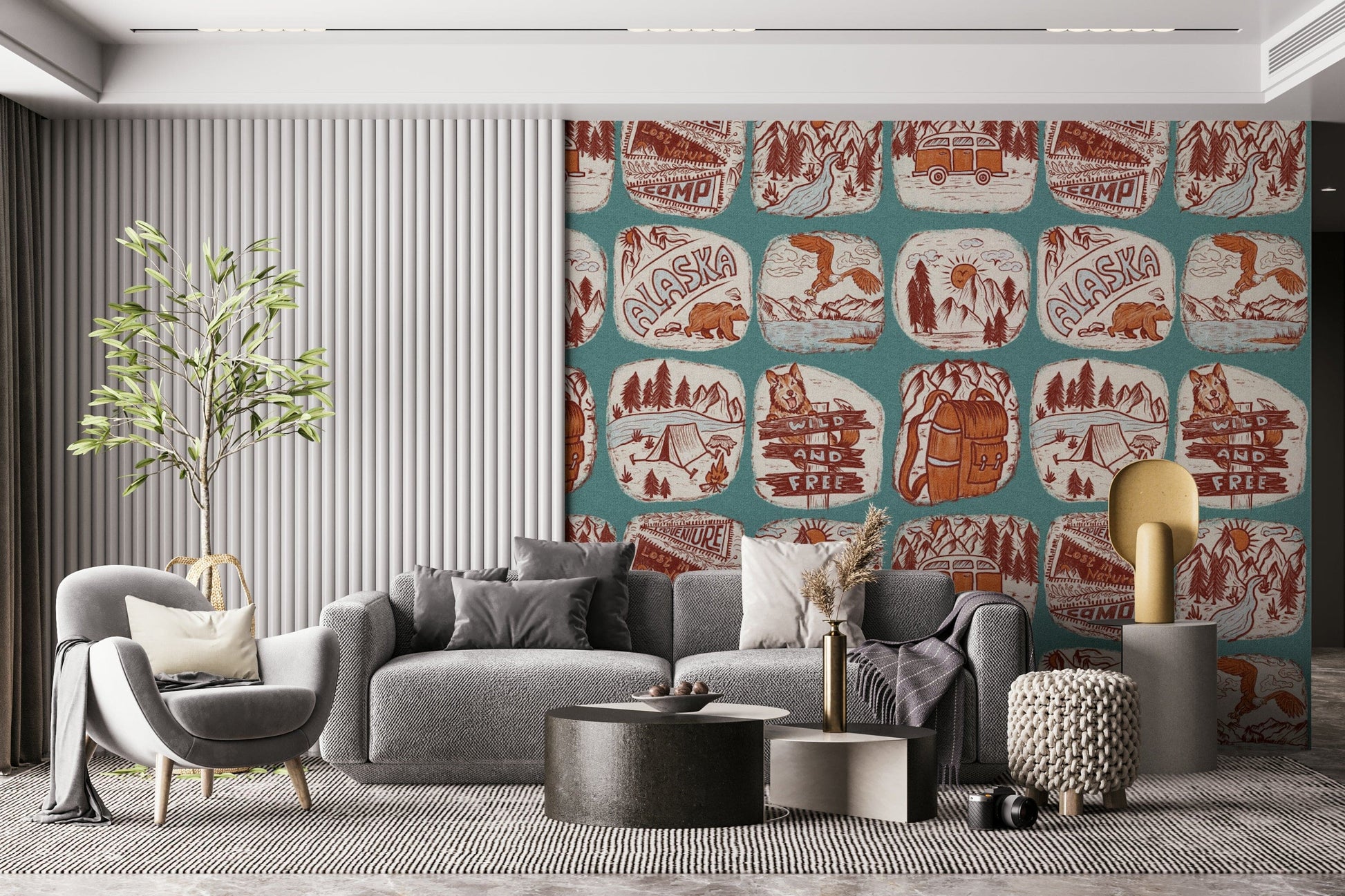 Monochrome wilderness wallpaper featuring line-drawn natural landscapes.