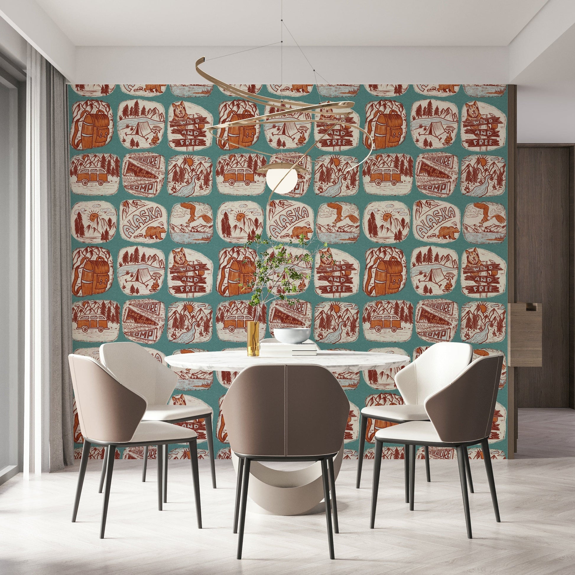 Detailed sketchbook wallpaper mural depicting forest plants, animals, and rustic scenery.