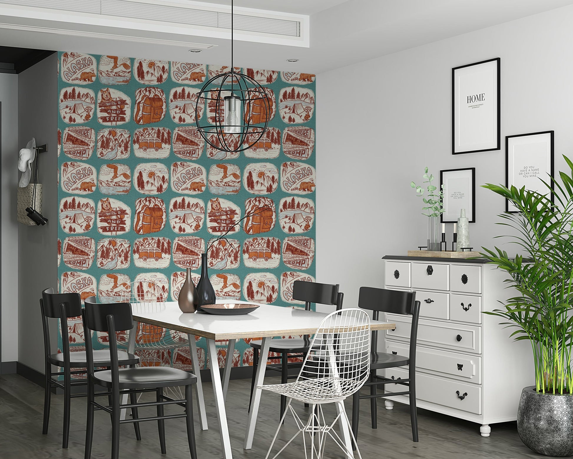 Vintage sketchbook-style wallpaper mural featuring mountains, trees, and woodland animals.