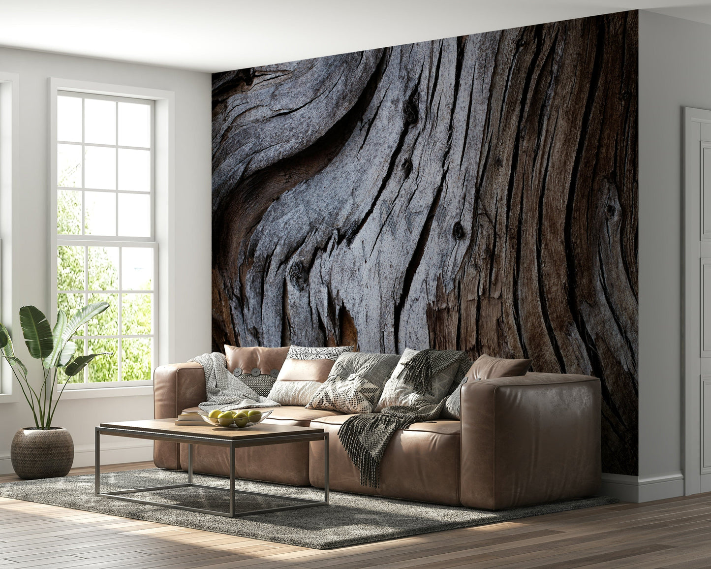 Textured wooden wall mural with worn timber panels for modern rustic or cottage-style interiors.