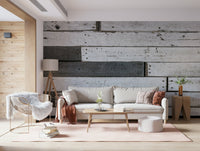 Decorative wall mural featuring aged wood panels with cracks and grain patterns for timeless charm.