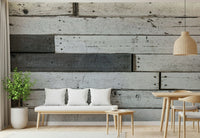 Textured wall mural with aged wood panels creating a vintage, farmhouse, or industrial-style accent wall.