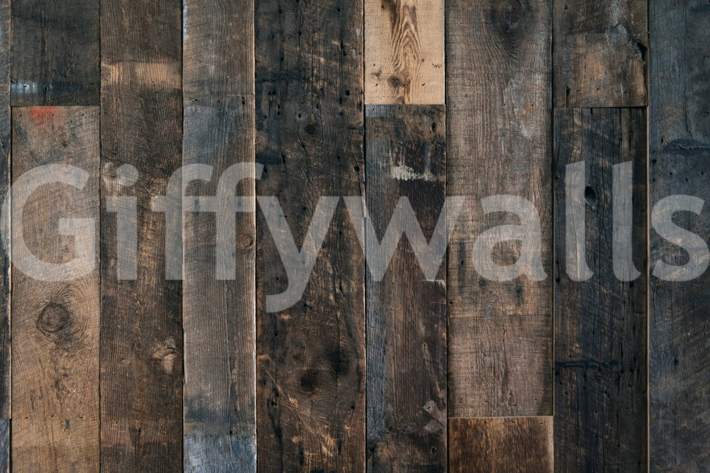 Rustic Wood Plank Charm wallpaper mural shown as a full-wall render of dark weathered brown vertical timber planks