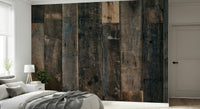 Textured wall mural combining natural wood grain and warm rustic hues for timeless interior appeal.