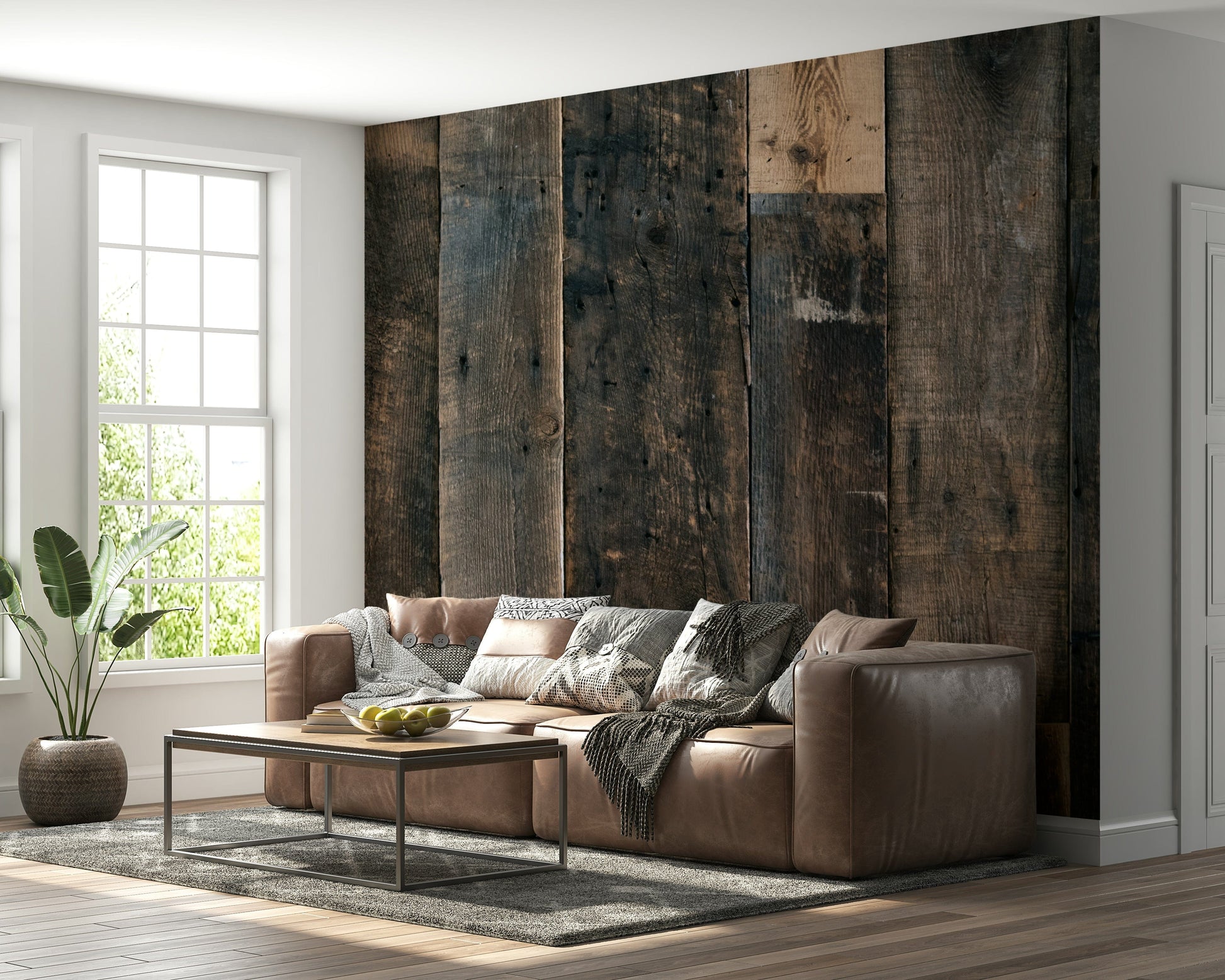 Decorative wall mural featuring weathered timber panels to create a cozy, inviting ambiance.