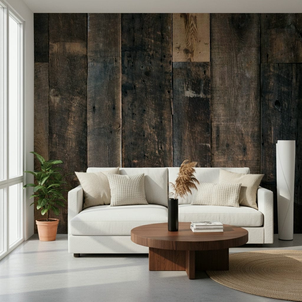 Rustic wood wallpaper mural with natural textures and layered planks for vintage-inspired interior design.
