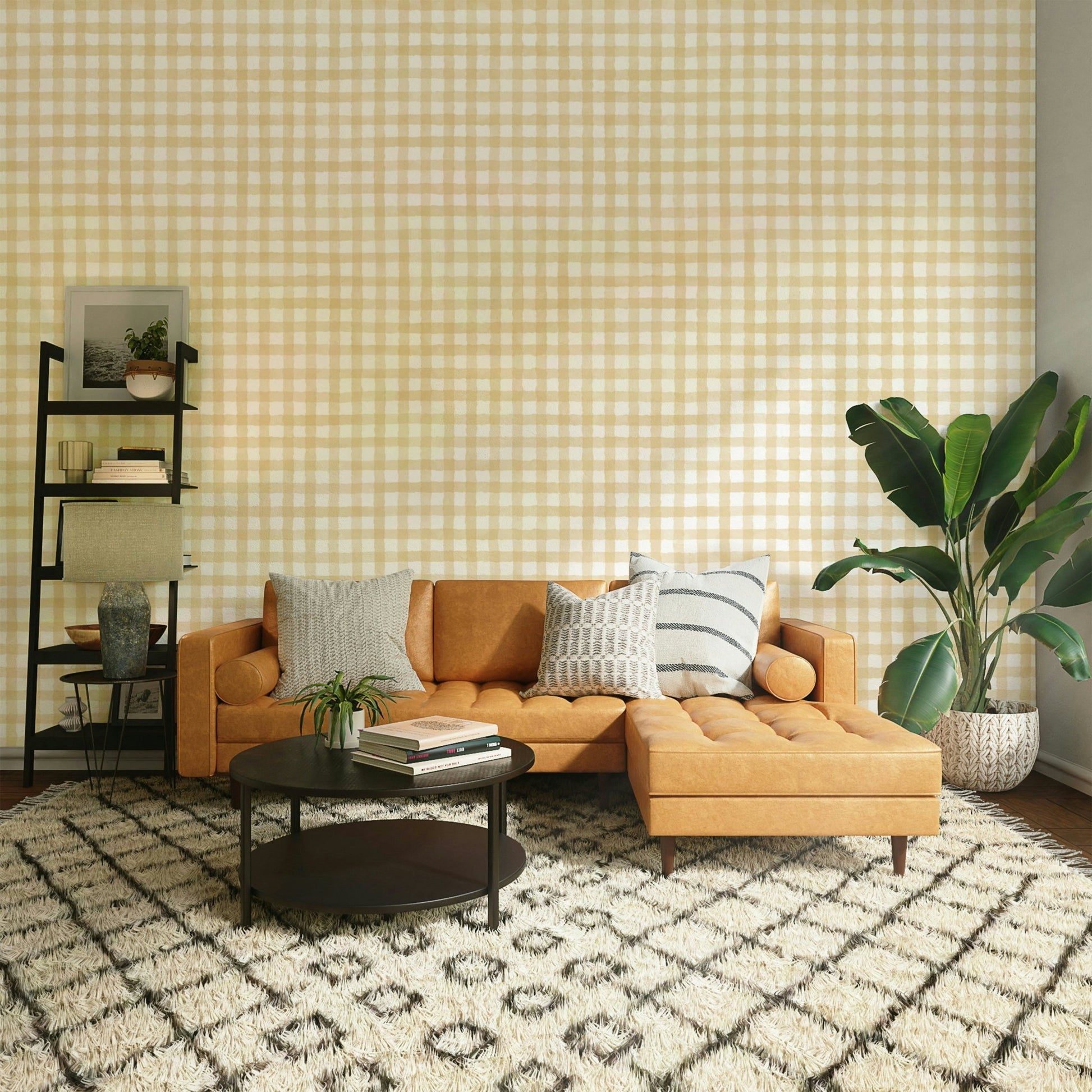 Soft yellow checkered mural for dining room
