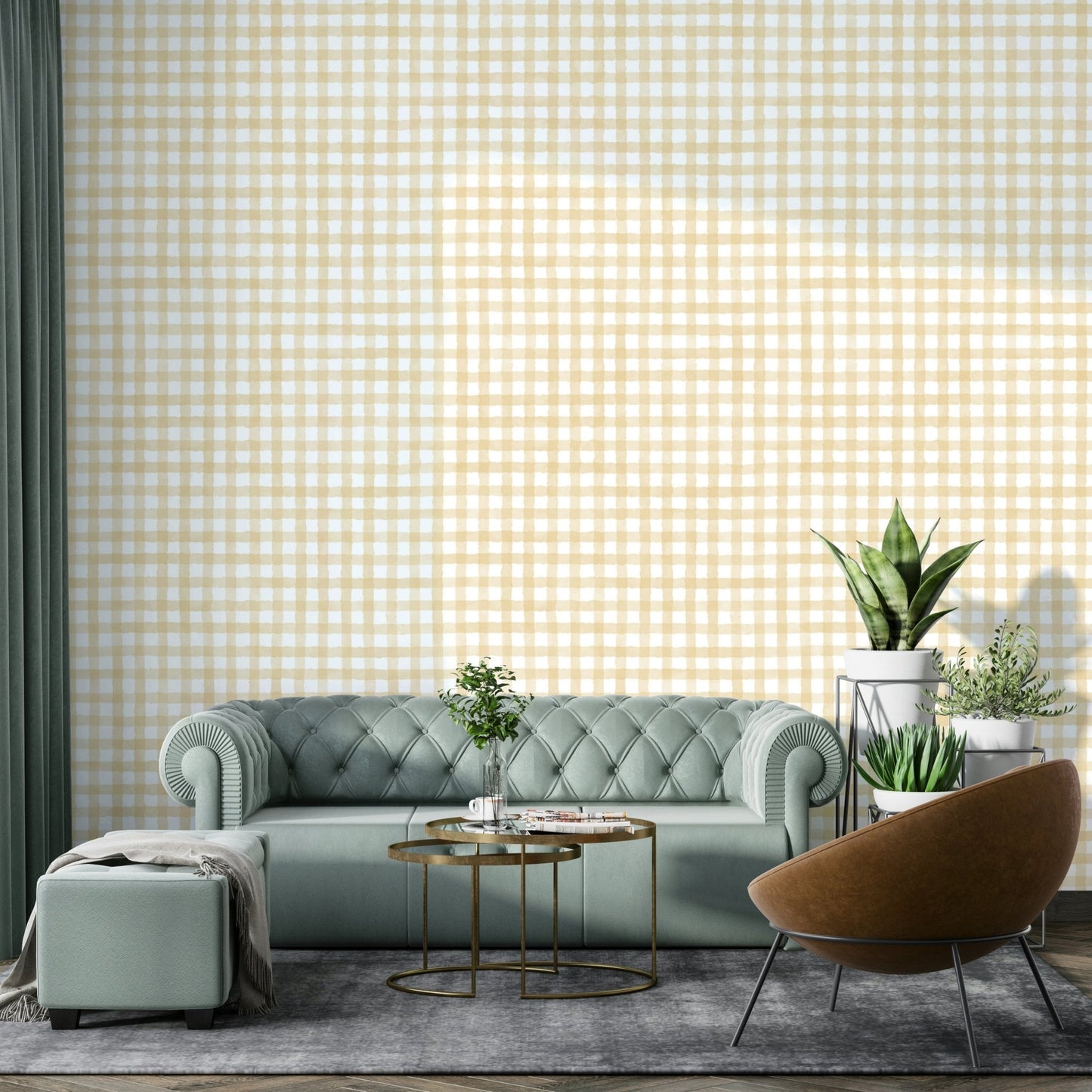 Watercolor gingham wallpaper with soft finish
