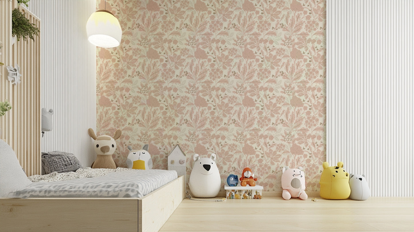 Rusty blush botanical wallpaper with soft floral design

