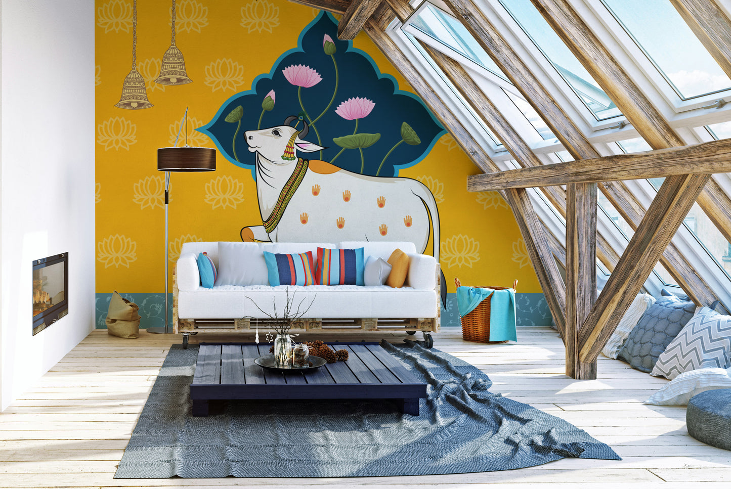 Divine Hindu cow mural for meditation rooms

