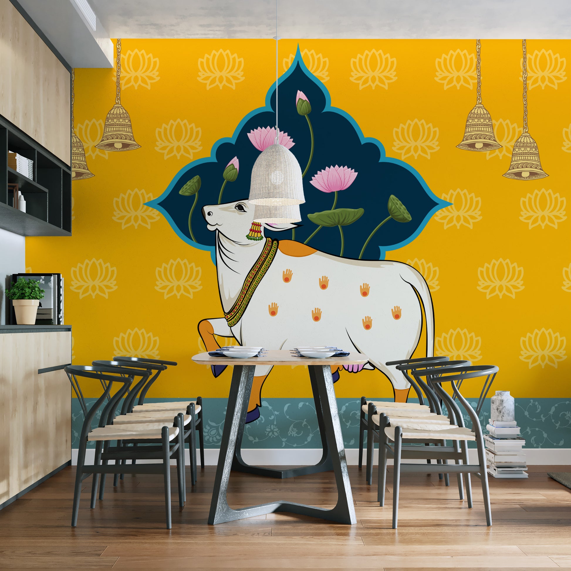 Kamadhenu cow worship mural with golden hues
