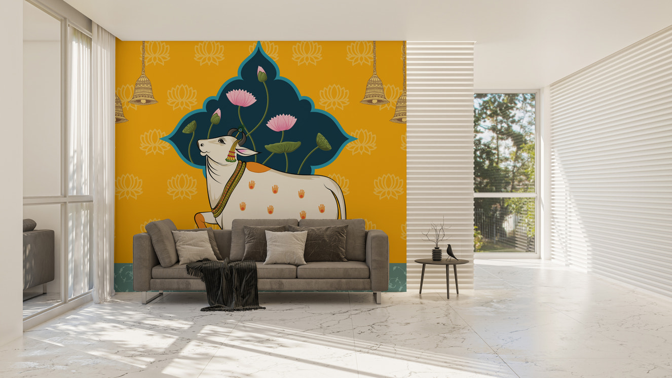 Sacred cow Hindu worship mural with temple bells
