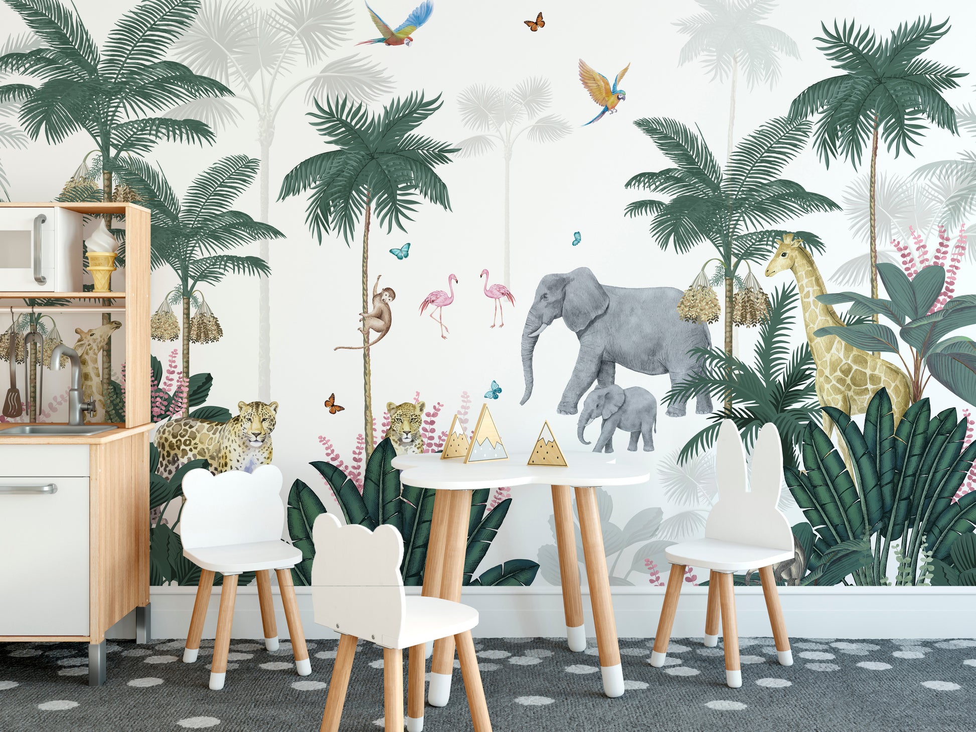 Wildlife safari mural with green foliage.
