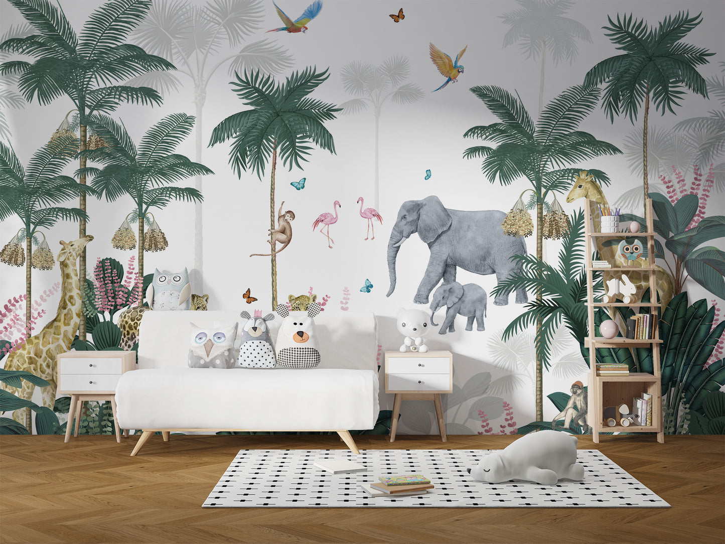 Kids' jungle wallpaper with trees and animals.
