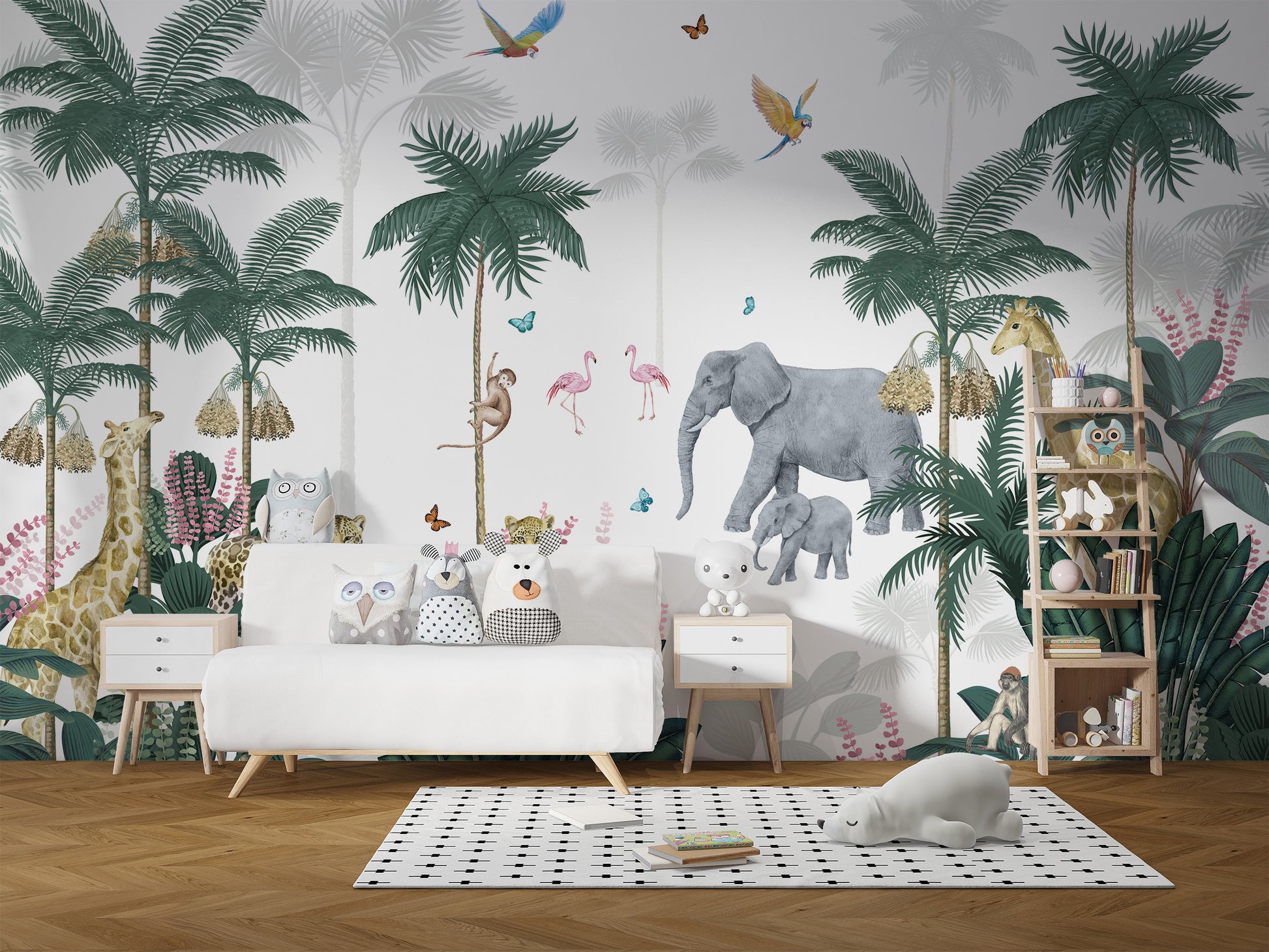 Kids' jungle wallpaper with trees and animals.
