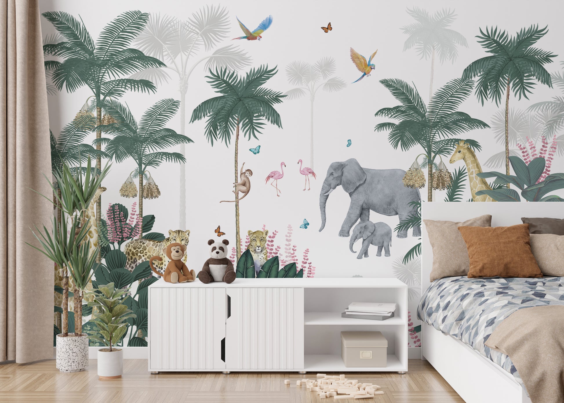 Jungle safari mural with animals for kids' rooms.
