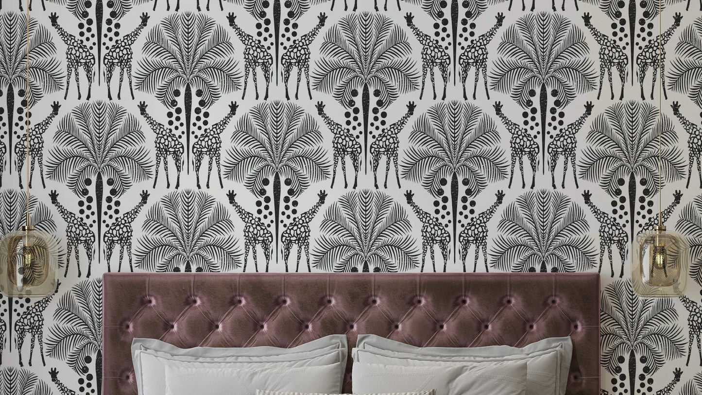 Black and white safari giraffe wallpaper design

