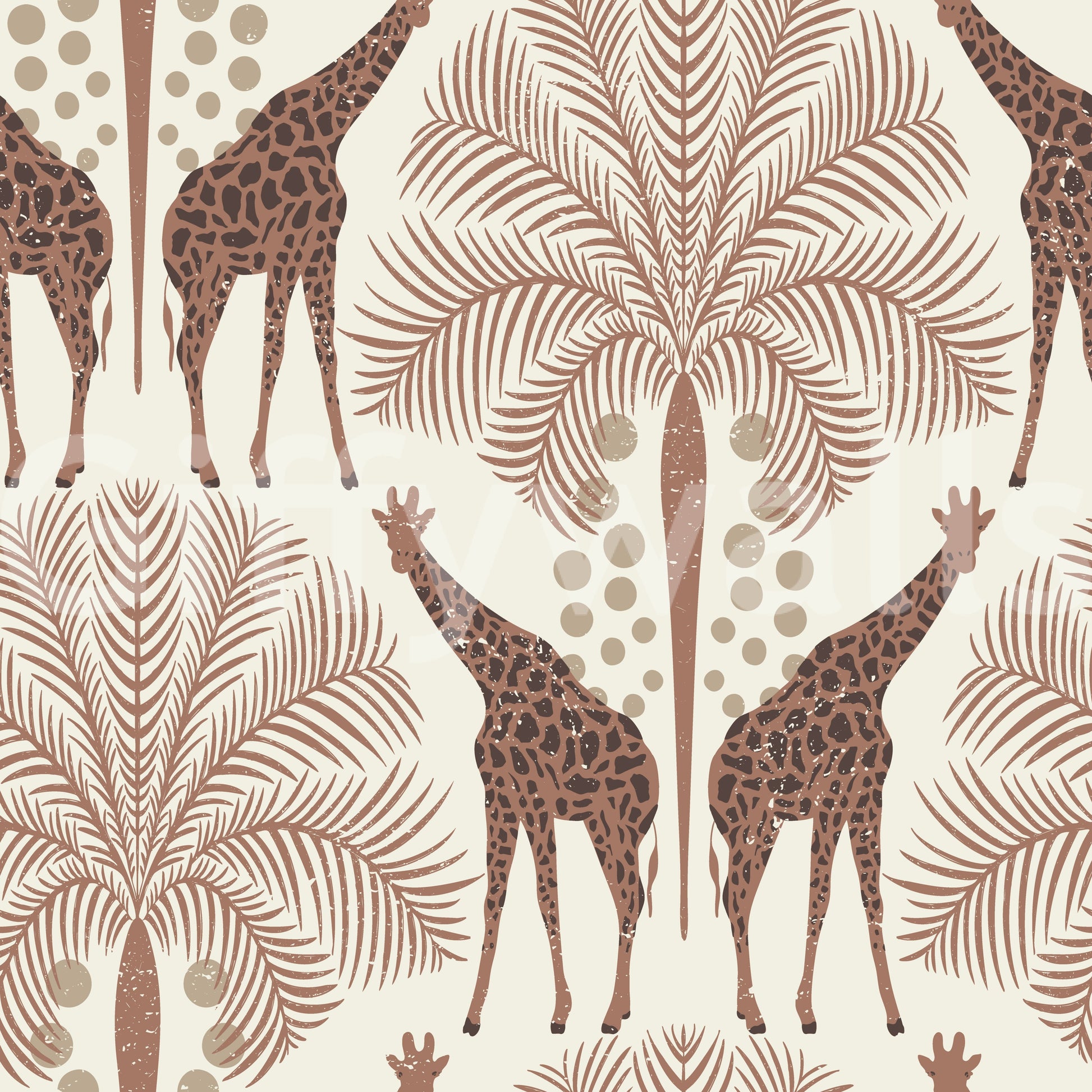 Safari Giraffe in Mocha Mousse wallpaper close-up showing brown giraffes and mocha palm fronds on cream background