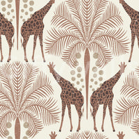 Safari Giraffe in Mocha Mousse wallpaper close-up showing brown giraffes and mocha palm fronds on cream background