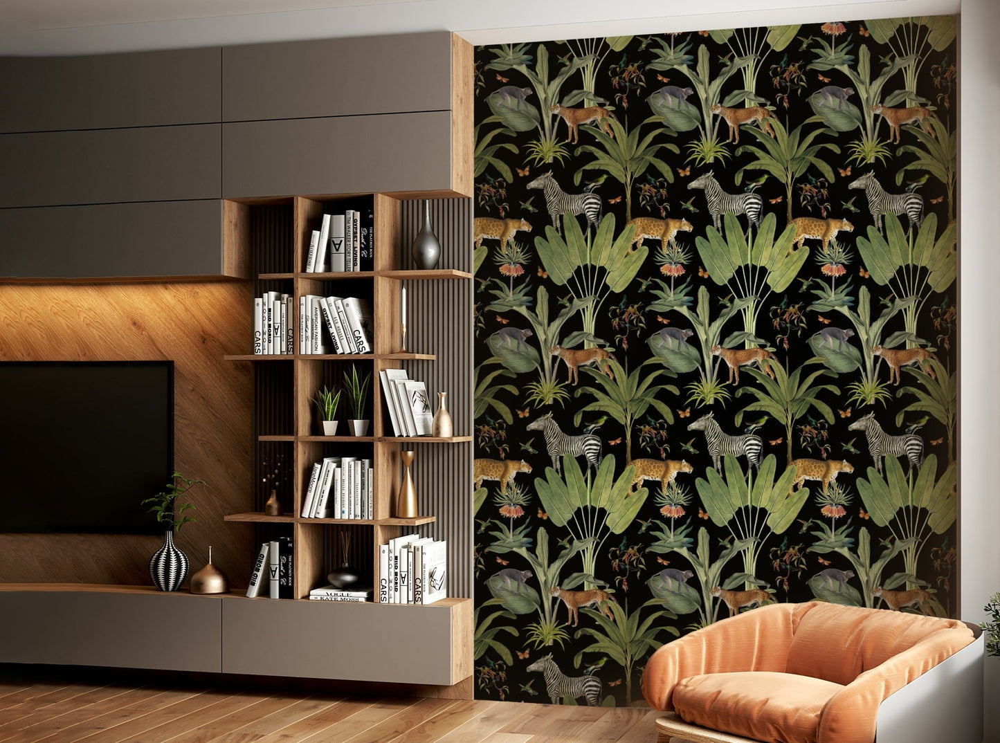Botanical safari-themed wallpaper in dark tones