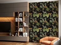 Botanical safari-themed wallpaper in dark tones