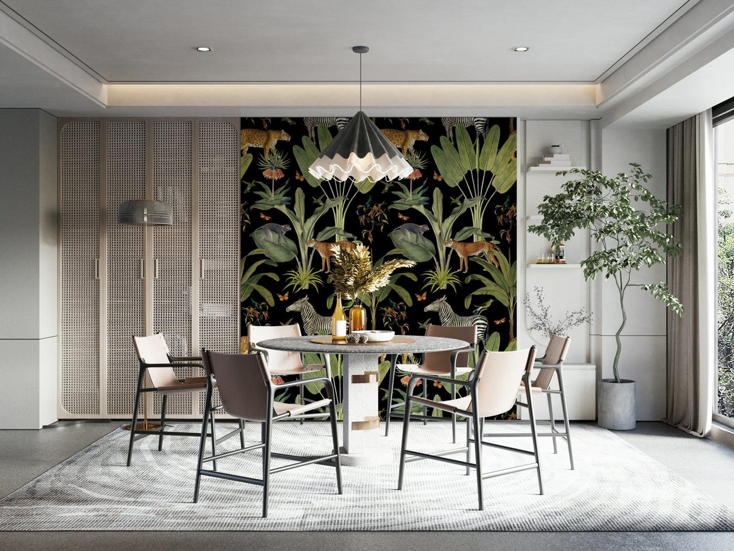 Mural wallpaper with safari animals and foliage
