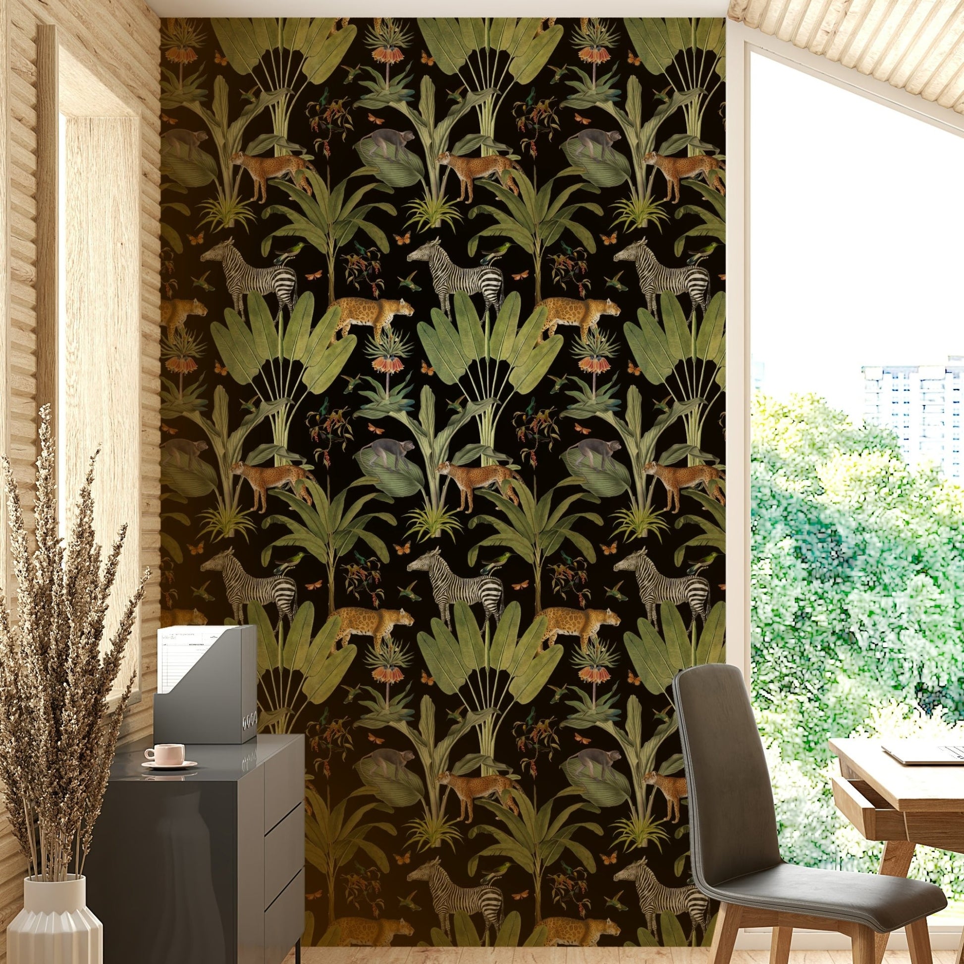 Safari Wildlife Vintage Botanical Black Wallpaper
