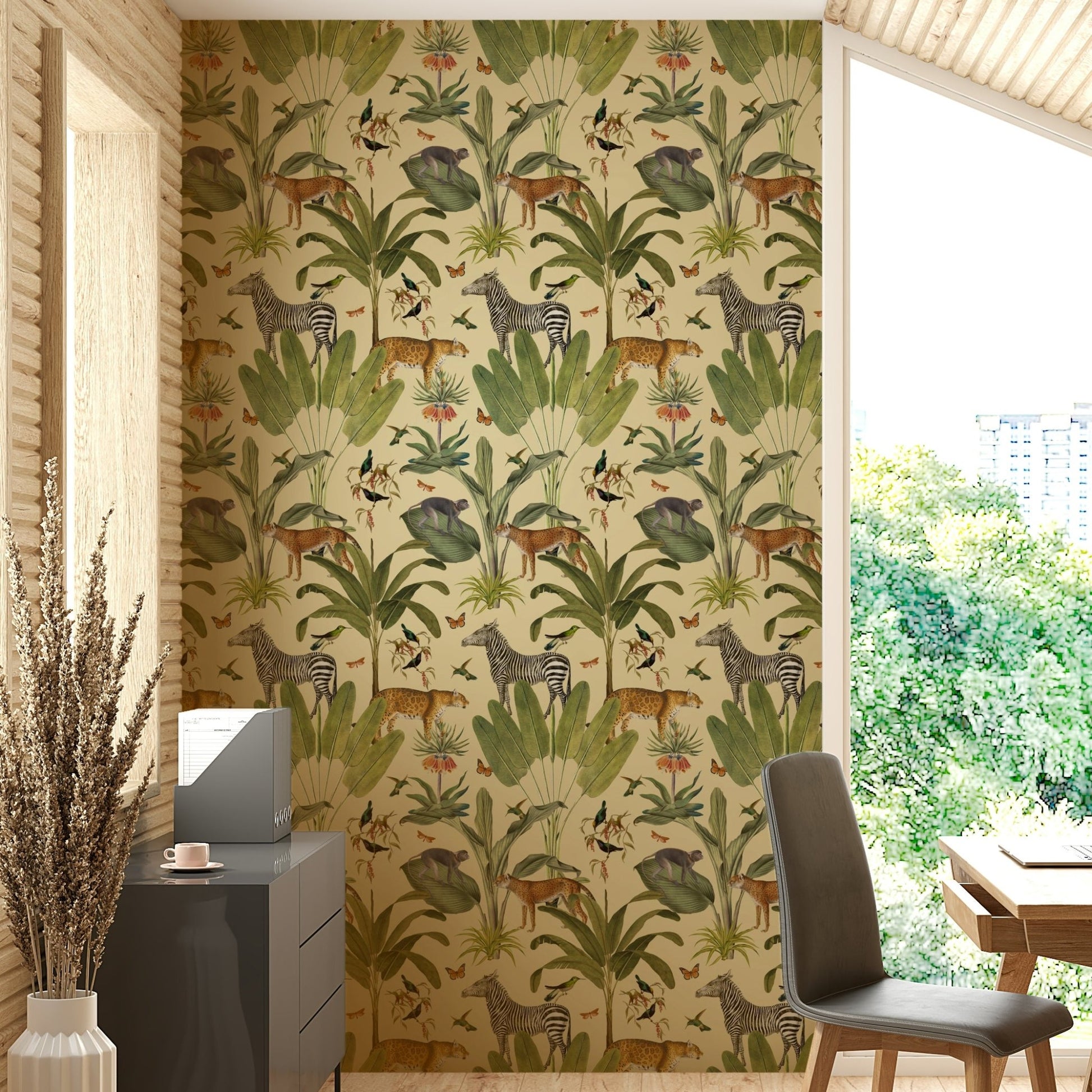 Jungle animal wallpaper in vintage tones

