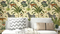 Hand-drawn animal and plant mural wallpaper


