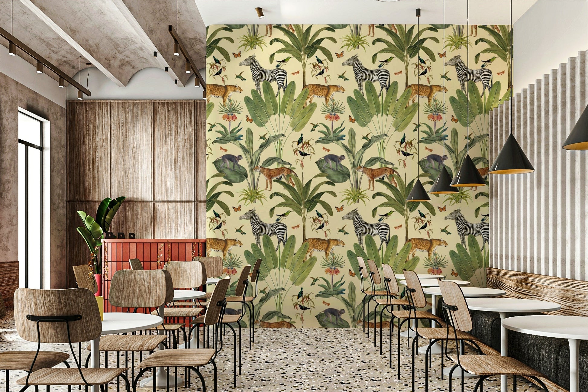 Full view of safari botanical mural wallpaper

