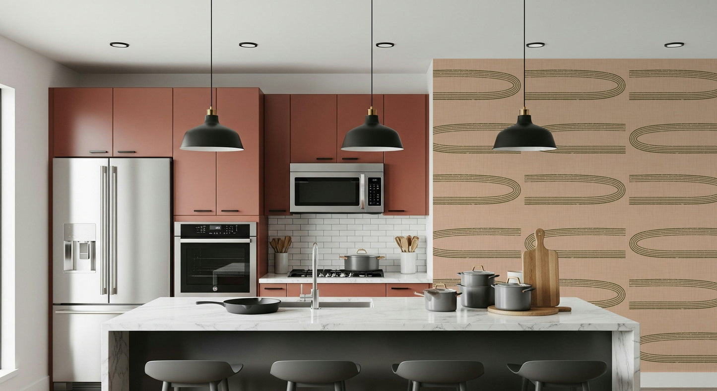 A beautiful retro arch wallpaper mural in sage and blush tones.

