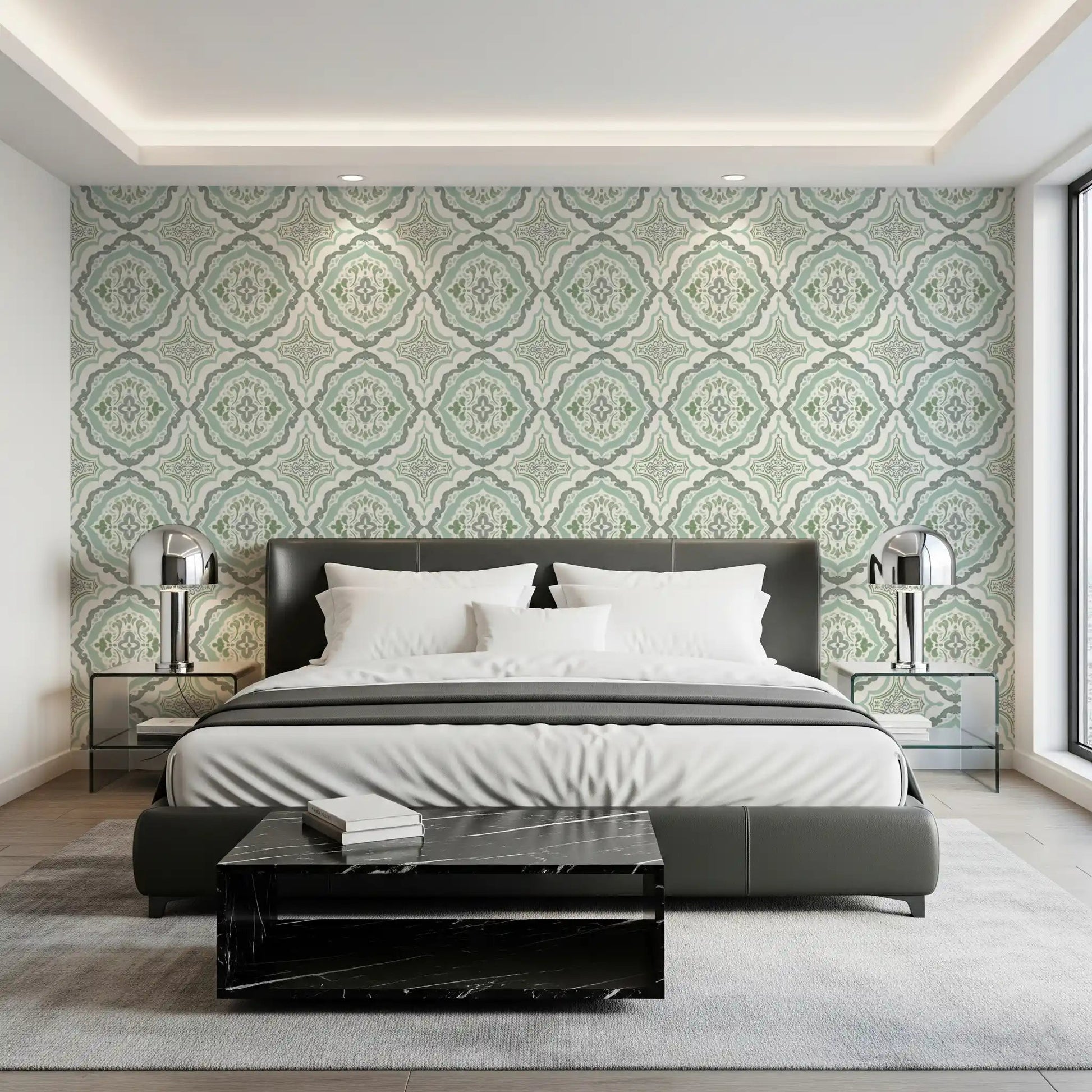 Close up of Sage Bloom Tile Wallpaper showing intricate tile patterns.