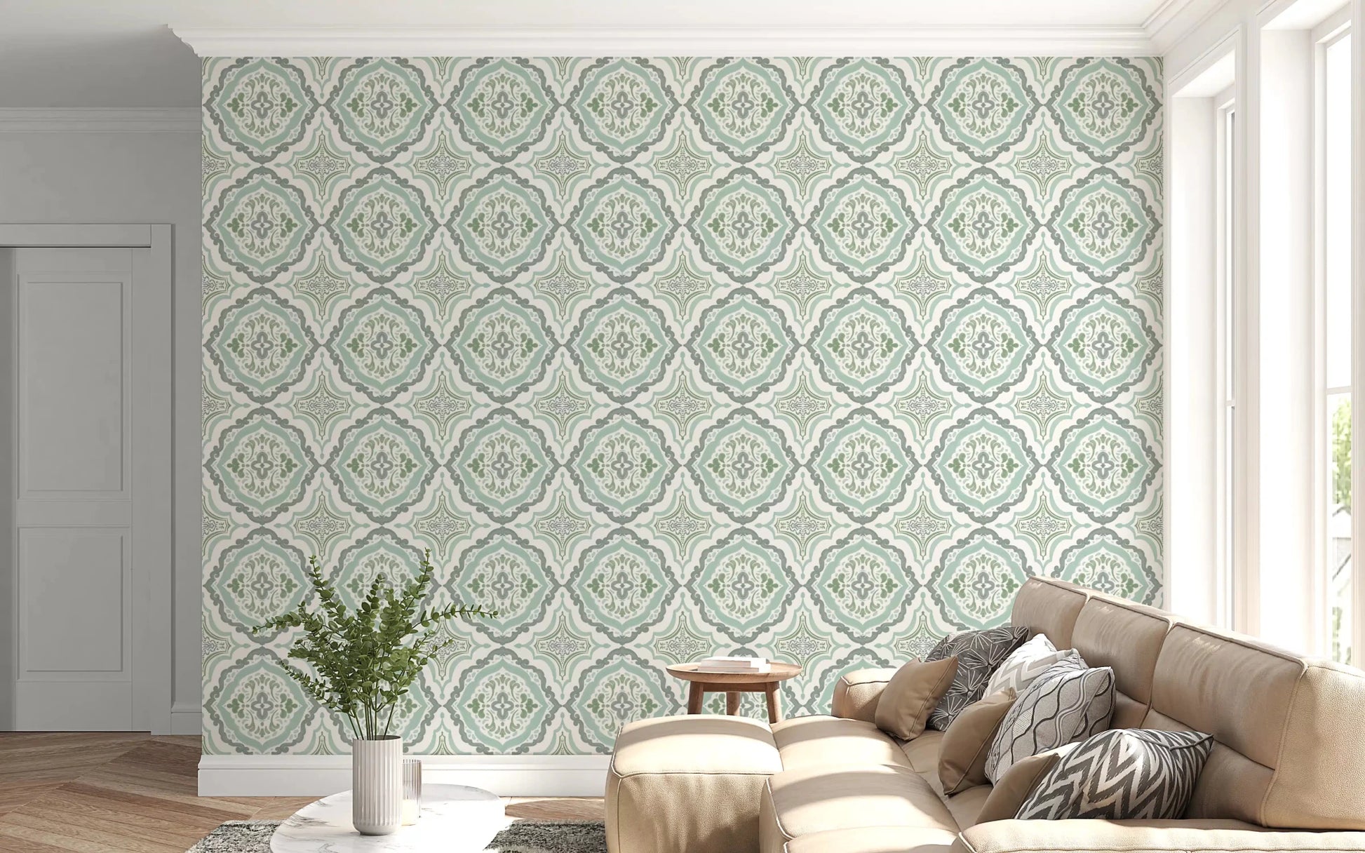 Sage Bloom Tile Wallpaper for a modern living room 
