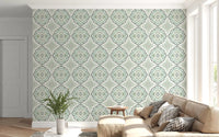 Sage Bloom Tile Wallpaper for a modern living room 