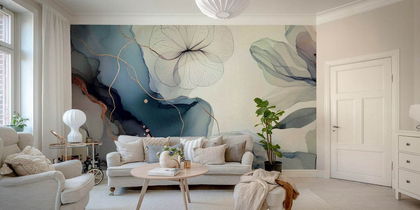 A photo of a Dreamy Sage Garden Blue Wall Mural with plants.