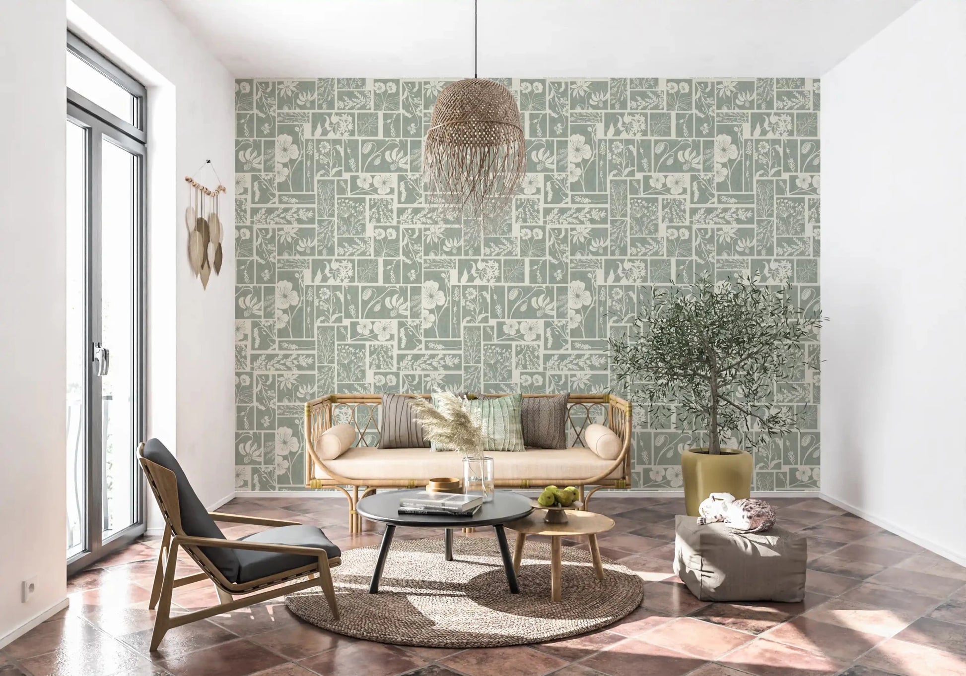 Classic floral collage wallpaper with sage grid pattern