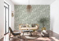 Classic floral collage wallpaper with sage grid pattern