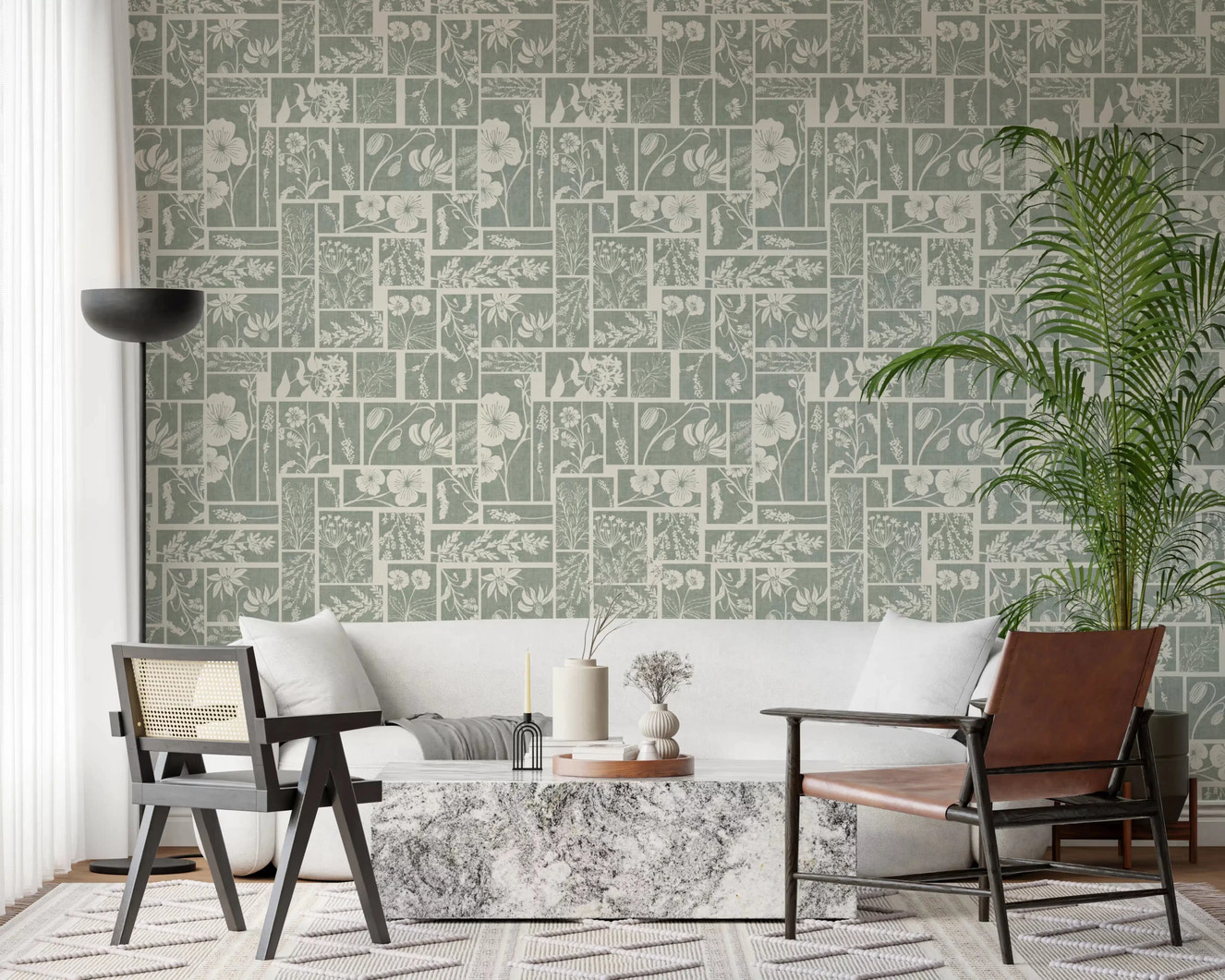 Hallway botanical wallpaper with sage patch layout