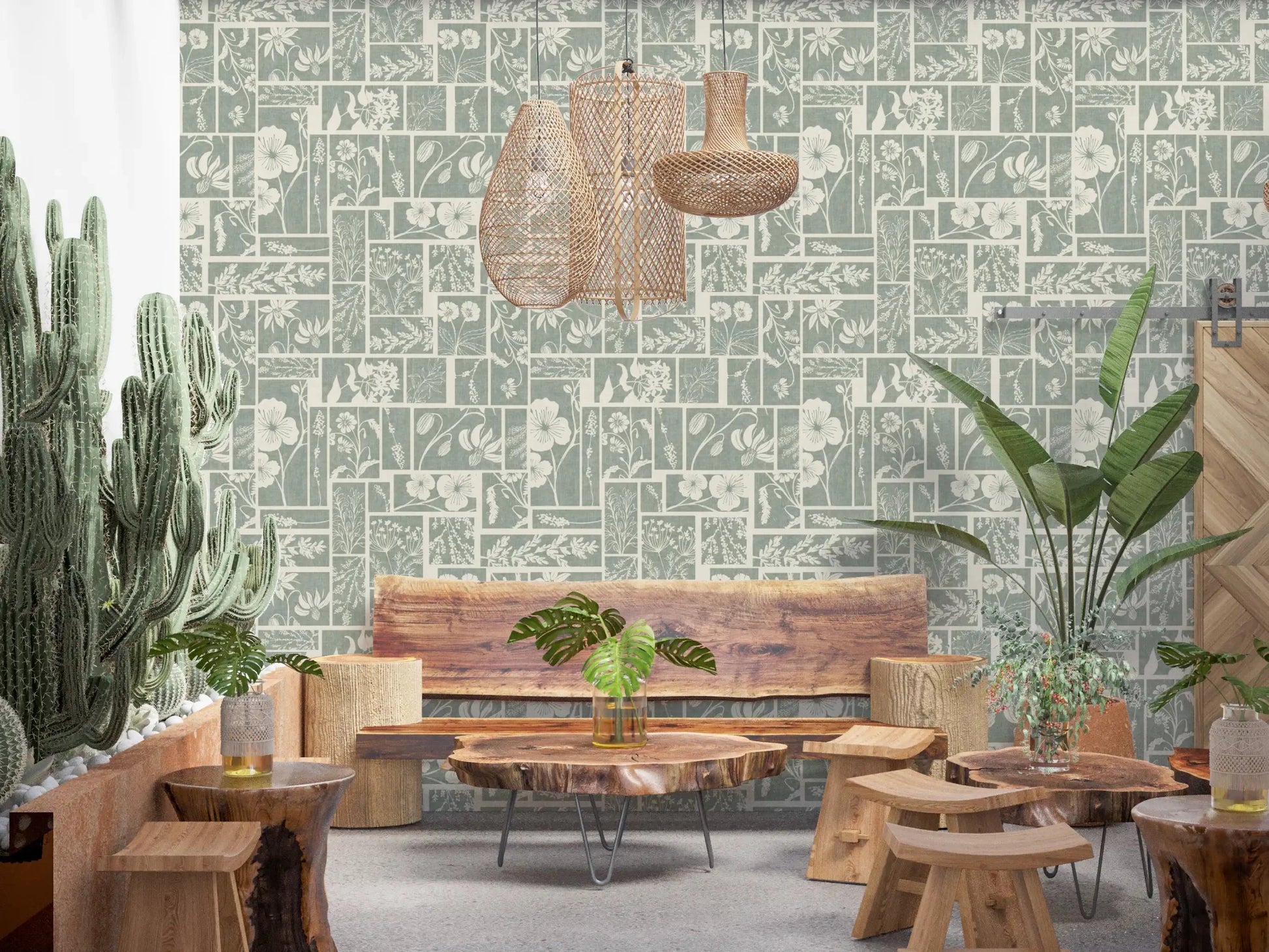 Sage botanical collage wallpaper with tile grid design