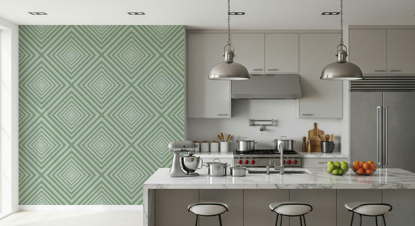 Geometric Sage striped mural, modern abstract line pattern.