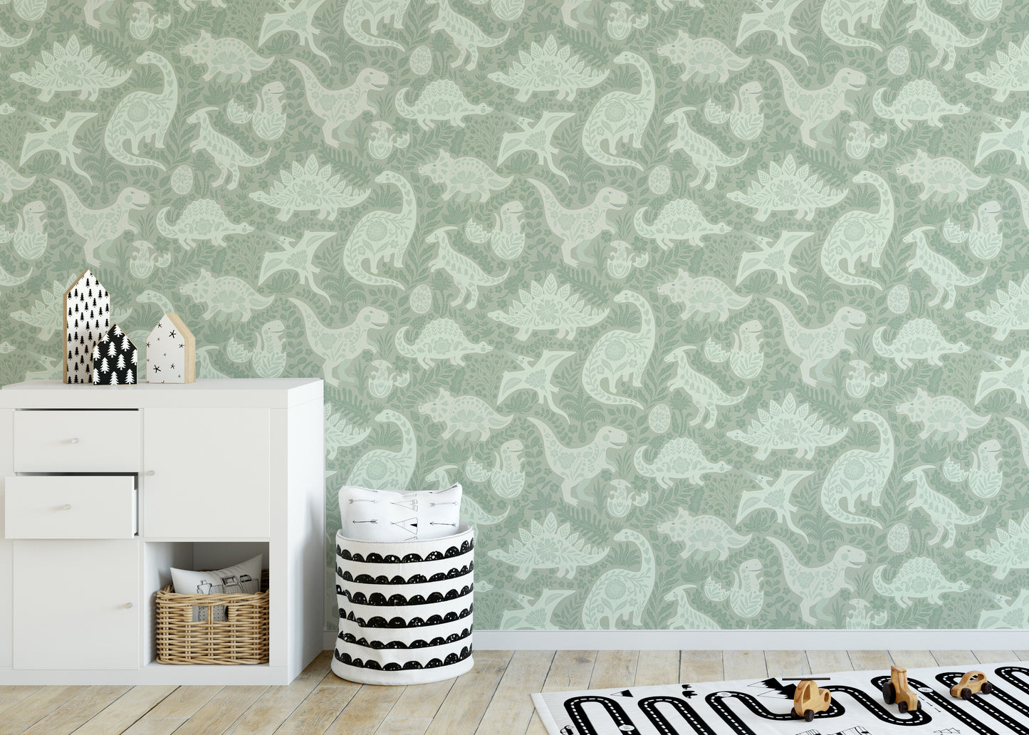 Sage Green Dinosaurs Folk Art   Wallpaper⁠