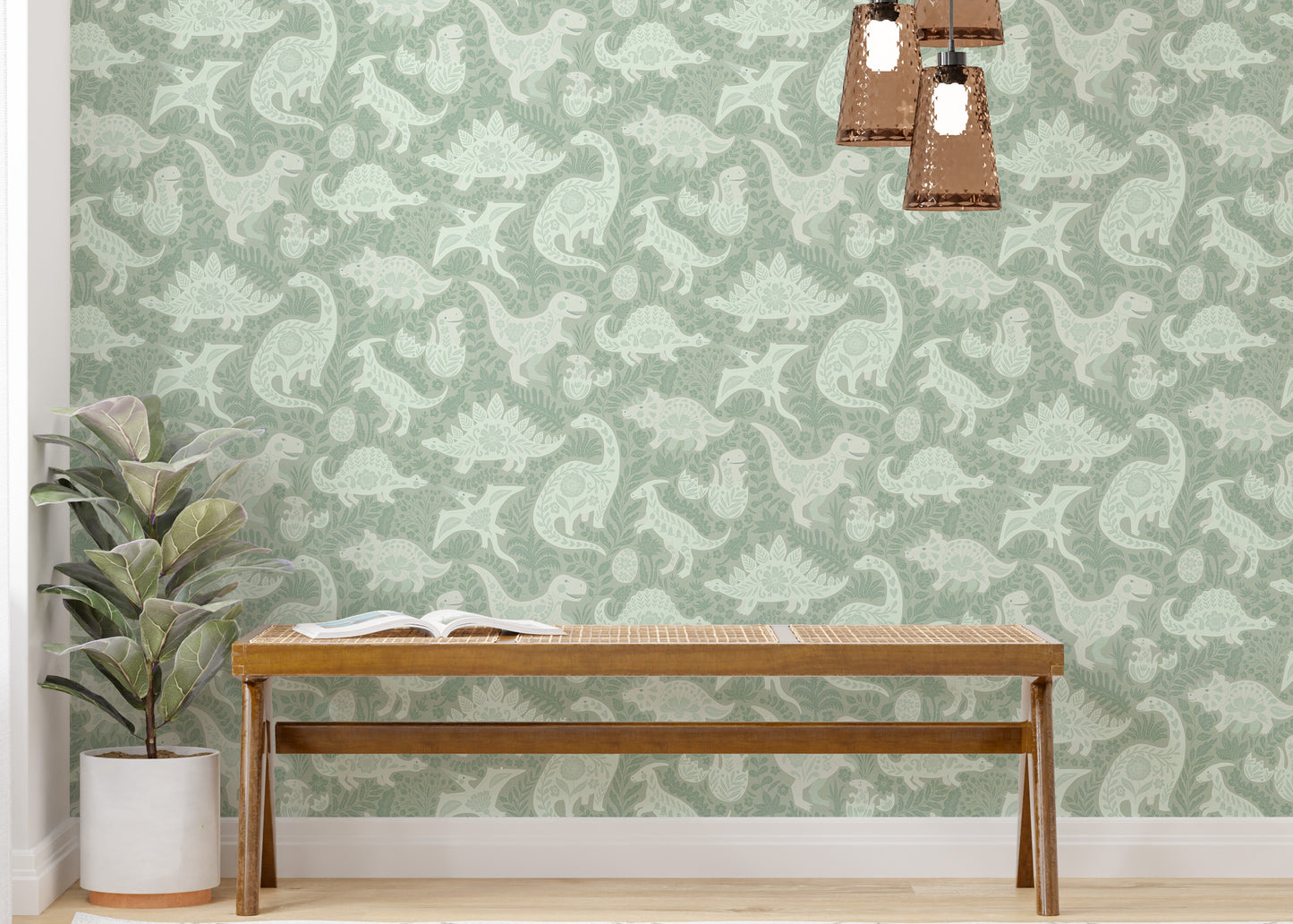 Sage Green Dinosaurs Folk Art   Wallpaper⁠