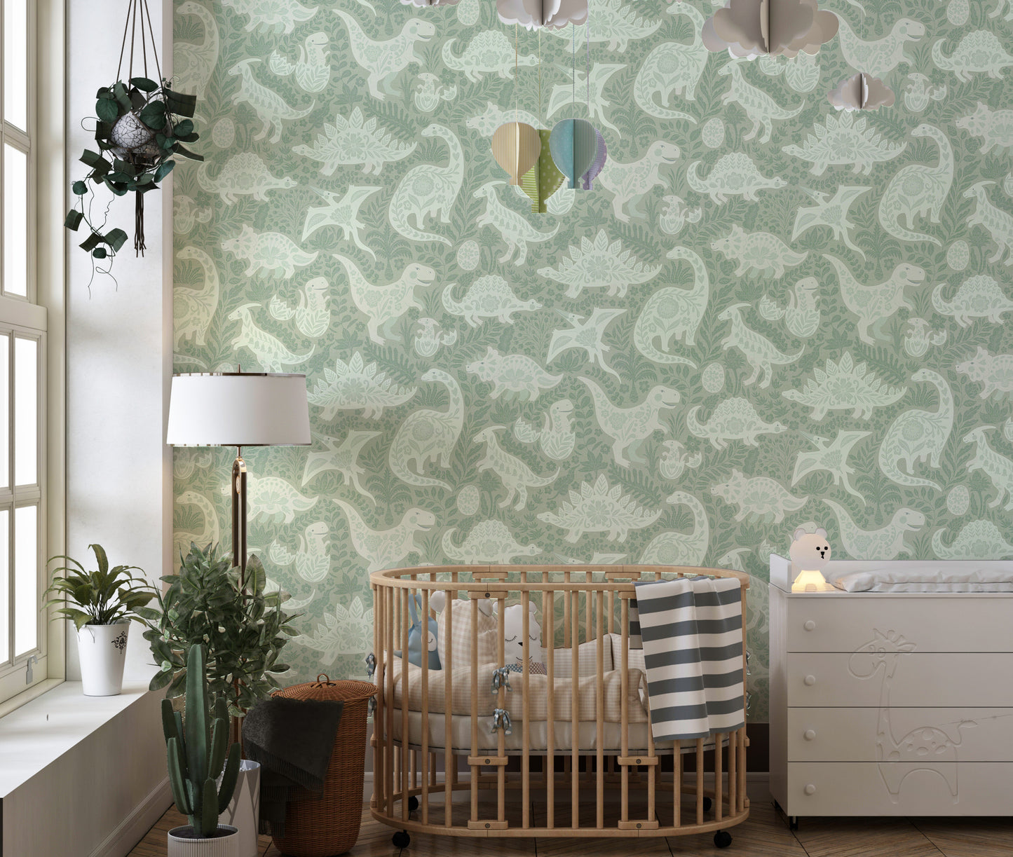Sage Green Dinosaurs Folk Art   Wallpaper⁠