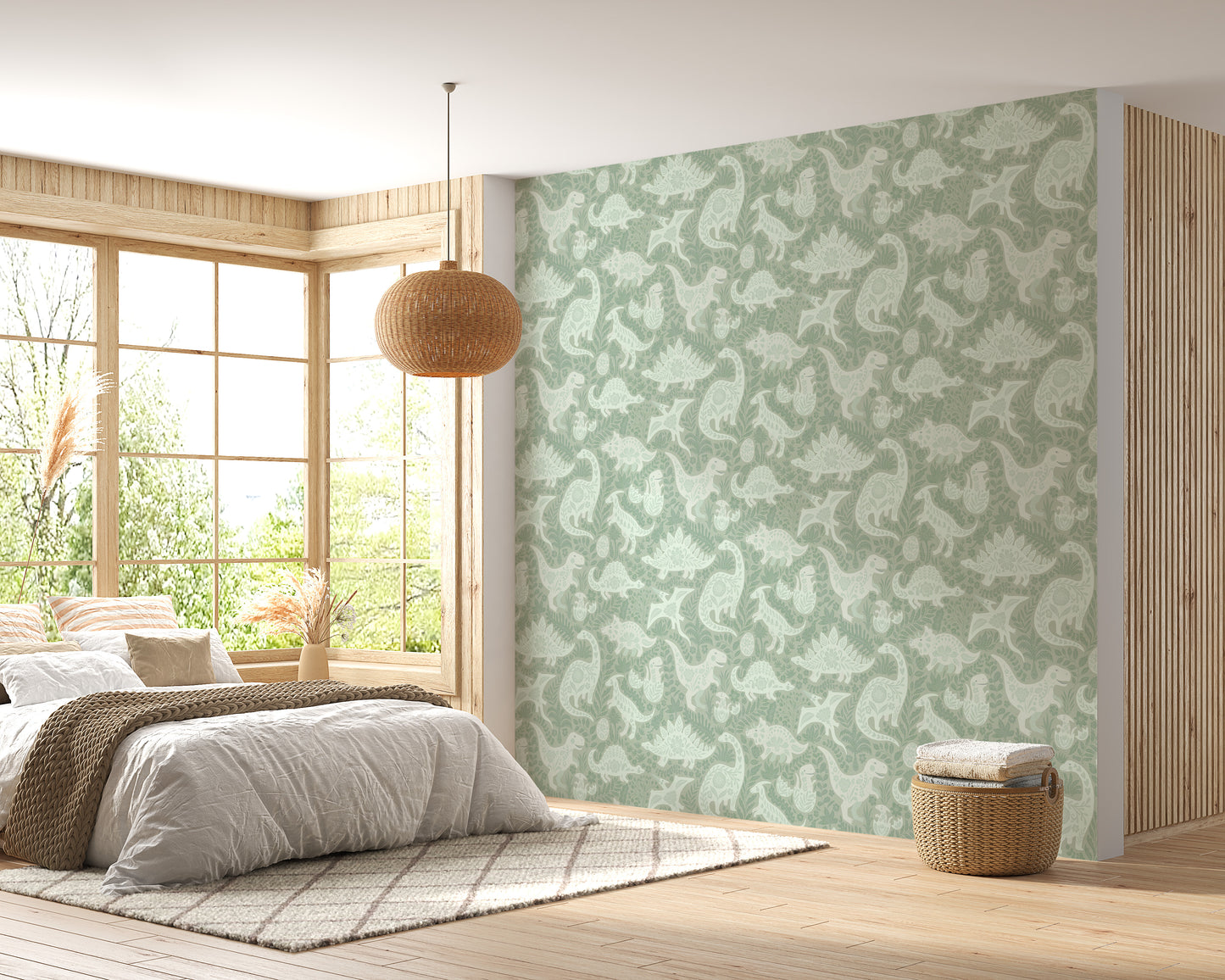 Sage Green Dinosaurs Folk Art   Wallpaper⁠