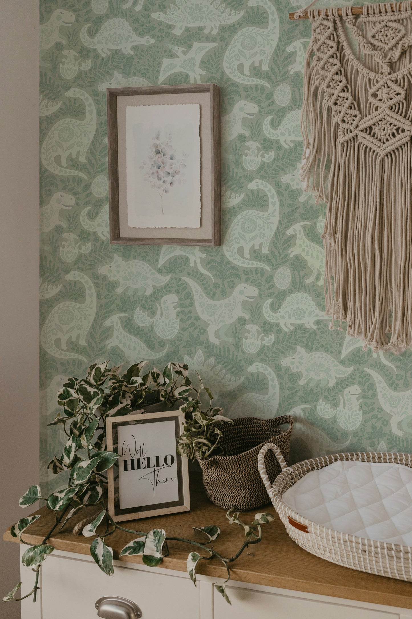 Sage Green Dinosaurs Folk Art   Wallpaper⁠