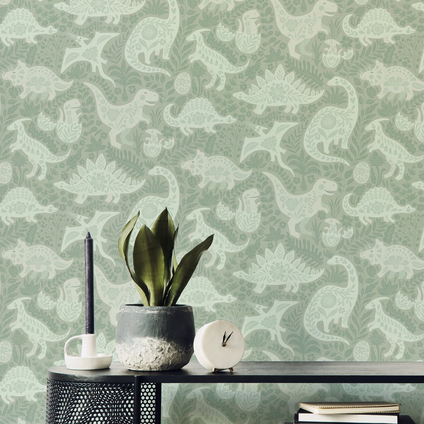 Sage Green Dinosaurs Folk Art   Wallpaper⁠