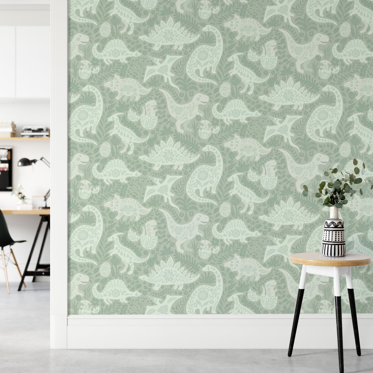 Sage Green Dinosaurs Folk Art   Wallpaper⁠