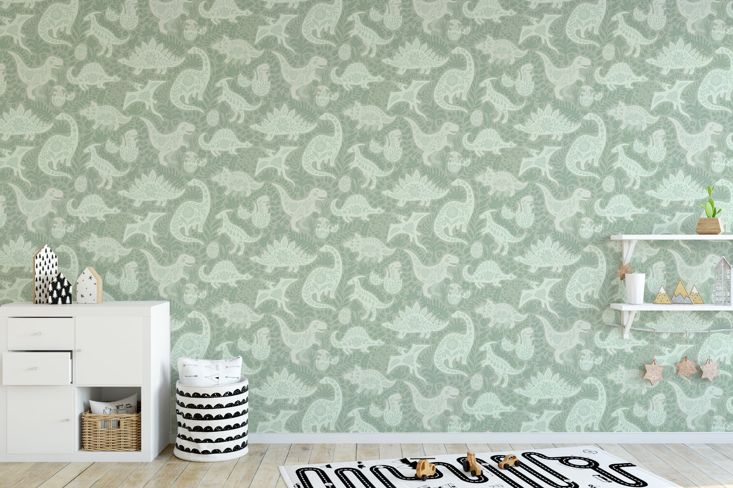 Sage Green Dinosaurs Folk Art   Wallpaper⁠